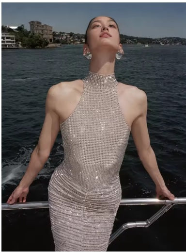 New Sexy Halter Backless Diamonds Shirring Long Bodycon Luxury Elegant Dress CODE: KAR3510