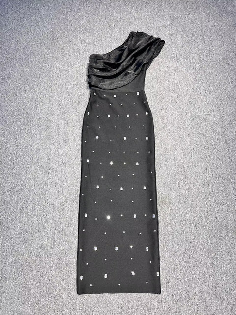 New Sexy One Shoulder Sparkly Diamond Crystal Bodycon Maxi Dress CODE: KAR3511