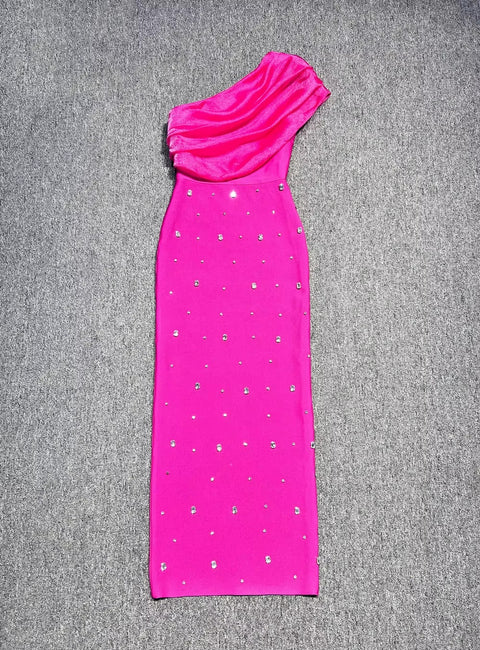 New Sexy One Shoulder Sparkly Diamond Crystal Bodycon Maxi Dress CODE: KAR3511