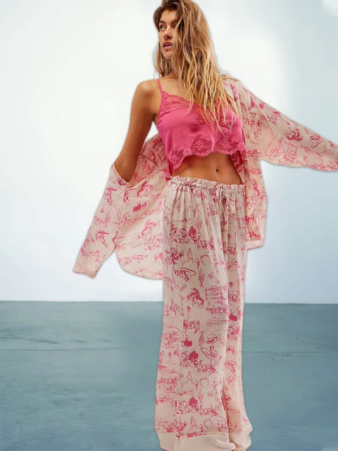 New Print Floral Casual Long Sleeve Lapel Loose Pajamas Set CODE: KAR3513