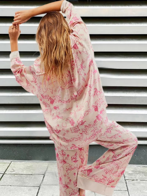 New Print Floral Casual Long Sleeve Lapel Loose Pajamas Set CODE: KAR3513
