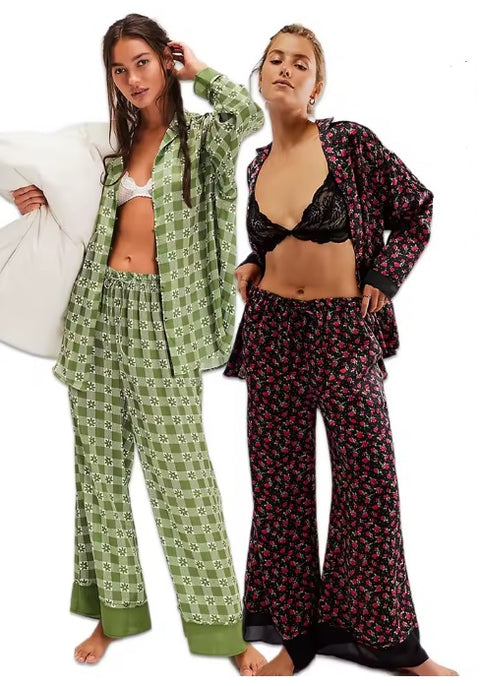 New Print Floral Casual Long Sleeve Lapel Loose Pajamas Set CODE: KAR3513