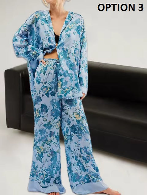 New Print Floral Casual Long Sleeve Lapel Loose Pajamas Set CODE: KAR3513