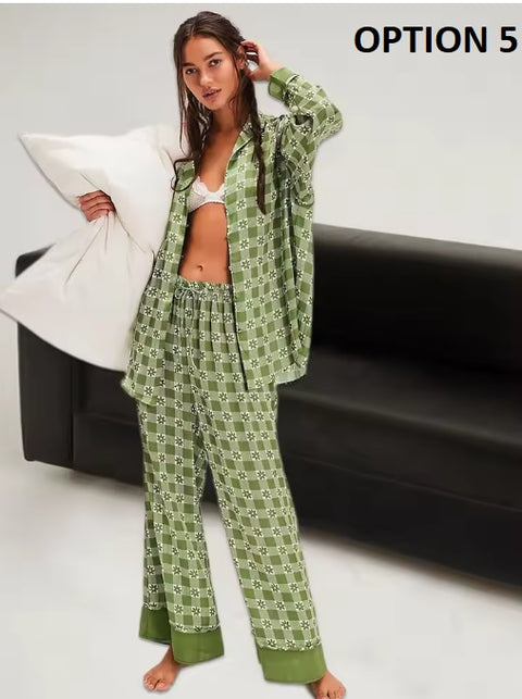 New Print Floral Casual Long Sleeve Lapel Loose Pajamas Set CODE: KAR3513