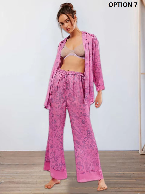 New Print Floral Casual Long Sleeve Lapel Loose Pajamas Set CODE: KAR3513