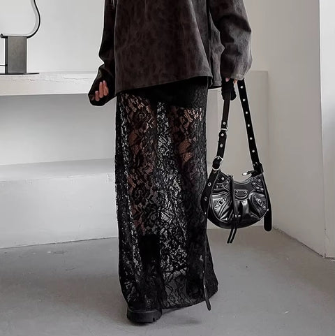 New Lace See-through Slit Patchwork Casual Loose High Waist Slim Street Long Skirt CODE: KAR3516