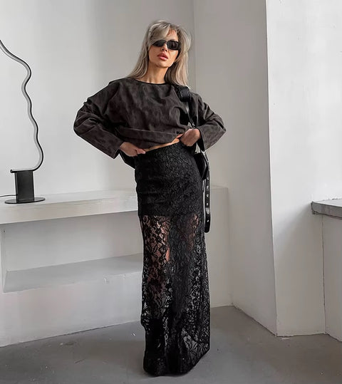 New Lace See-through Slit Patchwork Casual Loose High Waist Slim Street Long Skirt CODE: KAR3516