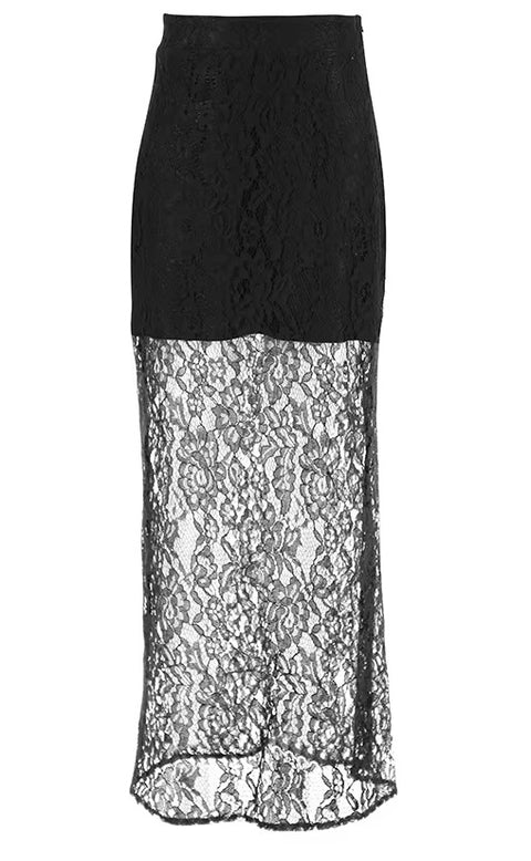 New Lace See-through Slit Patchwork Casual Loose High Waist Slim Street Long Skirt CODE: KAR3516
