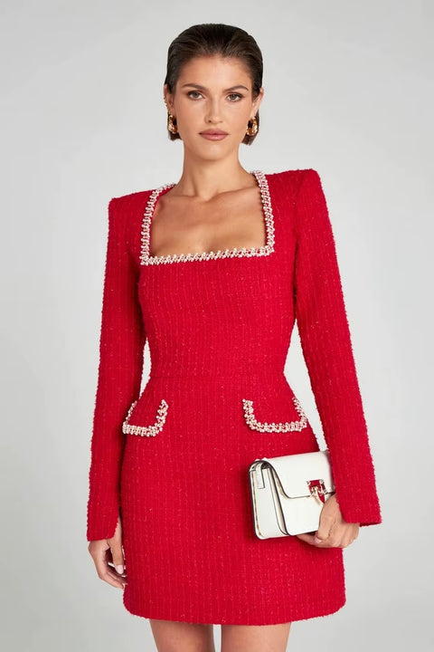New Elegant Autumn Fashionable Slim Fit U-neck Long Sleeved Nail Bead Small Fragrant Style Dress CODE: KAR3517