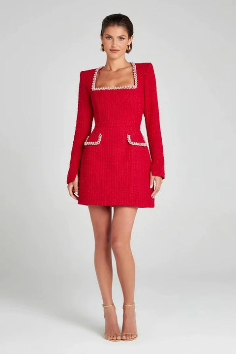 New Elegant Autumn Fashionable Slim Fit U-neck Long Sleeved Nail Bead Small Fragrant Style Dress CODE: KAR3517