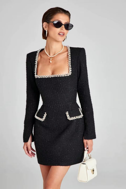 New Elegant Autumn Fashionable Slim Fit U-neck Long Sleeved Nail Bead Small Fragrant Style Dress CODE: KAR3517