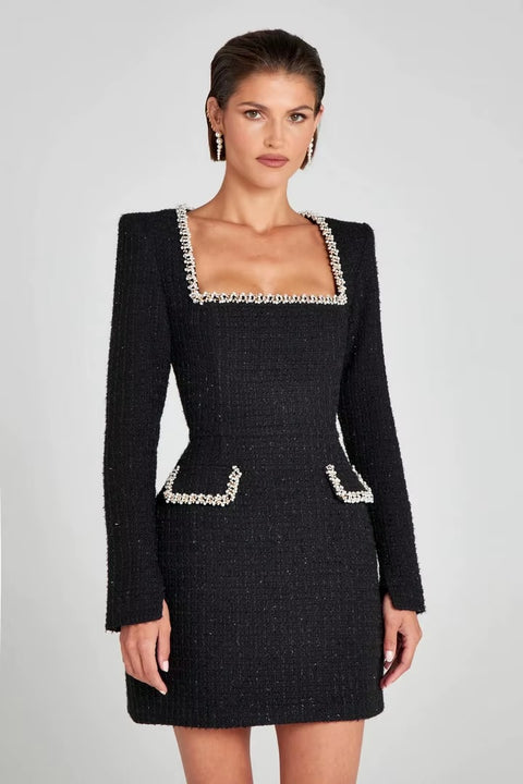 New Elegant Autumn Fashionable Slim Fit U-neck Long Sleeved Nail Bead Small Fragrant Style Dress CODE: KAR3517