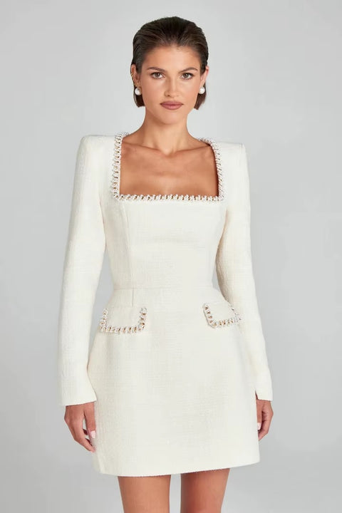 New Elegant Autumn Fashionable Slim Fit U-neck Long Sleeved Nail Bead Small Fragrant Style Dress CODE: KAR3517