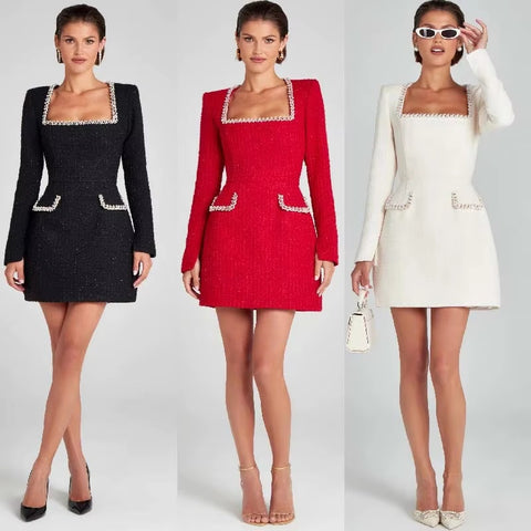 New Elegant Autumn Fashionable Slim Fit U-neck Long Sleeved Nail Bead Small Fragrant Style Dress CODE: KAR3517