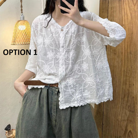 Summer Style Embroidery Loose V-Neck Single-Breasted Tide Top CODE: KAR3521