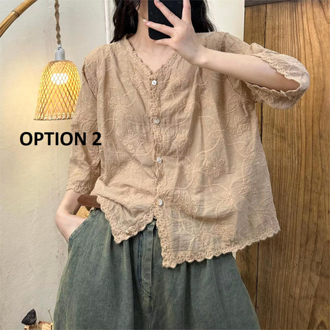 Summer Style Embroidery Loose V-Neck Single-Breasted Tide Top CODE: KAR3521