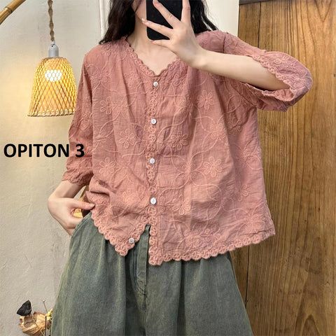 Summer Style Embroidery Loose V-Neck Single-Breasted Tide Top CODE: KAR3521