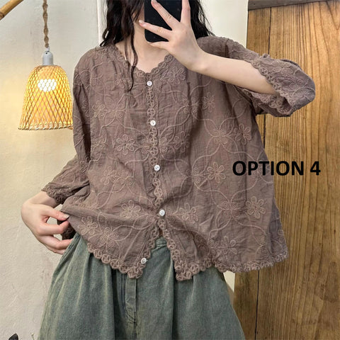 Summer Style Embroidery Loose V-Neck Single-Breasted Tide Top CODE: KAR3521