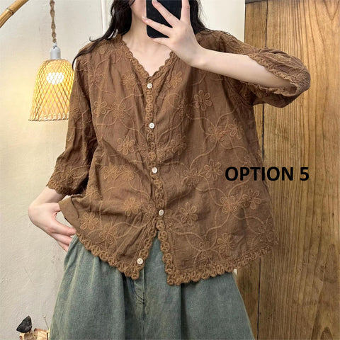 Summer Style Embroidery Loose V-Neck Single-Breasted Tide Top CODE: KAR3521