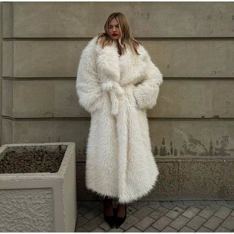 Winter Elegant Casual Belt Faux Fur Long Full Sleeve Lapel Pocket Coat CODE: KAR3524