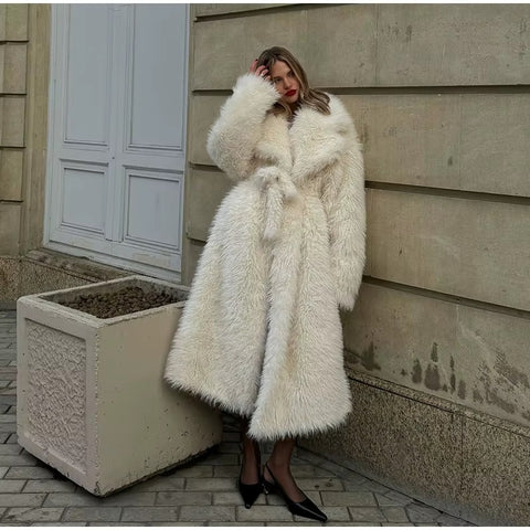 Winter Elegant Casual Belt Faux Fur Long Full Sleeve Lapel Pocket Coat CODE: KAR3524