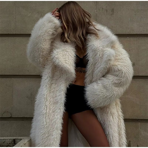 Winter Elegant Casual Belt Faux Fur Long Full Sleeve Lapel Pocket Coat CODE: KAR3524