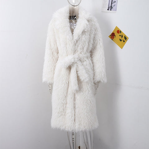 Winter Elegant Casual Belt Faux Fur Long Full Sleeve Lapel Pocket Coat CODE: KAR3524