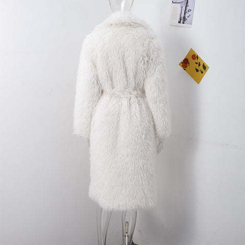 Winter Elegant Casual Belt Faux Fur Long Full Sleeve Lapel Pocket Coat CODE: KAR3524