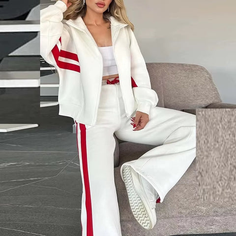 Autumn Winter Fashion Striped Print Lapel Zipper Long Sleeve Coat High Waist Pants Two Piece Set CODE: KAR3525