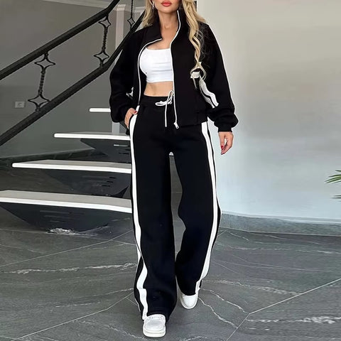 Autumn Winter Fashion Striped Print Lapel Zipper Long Sleeve Coat High Waist Pants Two Piece Set CODE: KAR3525