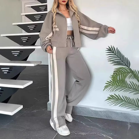 Autumn Winter Fashion Striped Print Lapel Zipper Long Sleeve Coat High Waist Pants Two Piece Set CODE: KAR3525