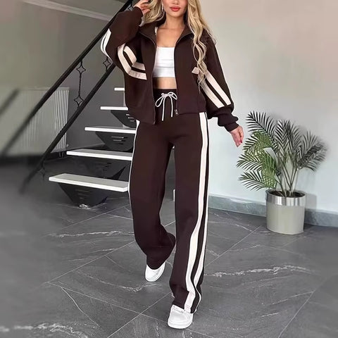 Autumn Winter Fashion Striped Print Lapel Zipper Long Sleeve Coat High Waist Pants Two Piece Set CODE: KAR3525