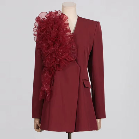 New Elegant Mesh Flower Spliced V Neck Single Button Long Sleeve Slim Blazers CODE: KAR3528