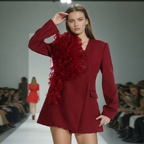 New Elegant Mesh Flower Spliced V Neck Single Button Long Sleeve Slim Blazers CODE: KAR3528