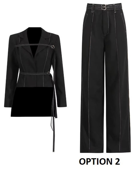 New Notched Collar Long Sleeve Top High Waist Straight Pant Two Piece Set CODE: KAR3530