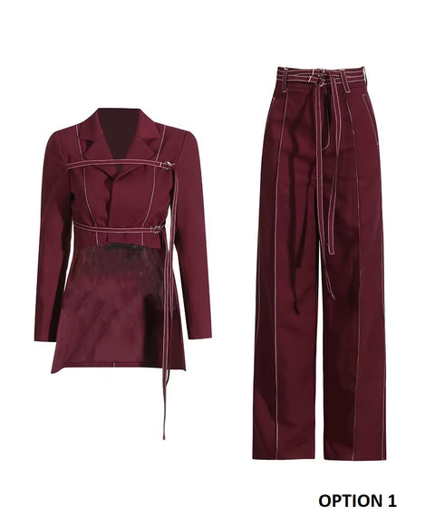 New Notched Collar Long Sleeve Top High Waist Straight Pant Two Piece Set CODE: KAR3530