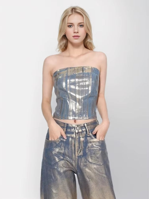 New Fashion Style Patchwork Zipper Crop Strapless Sleeveless Designer Tank Top CODE: KAR3531