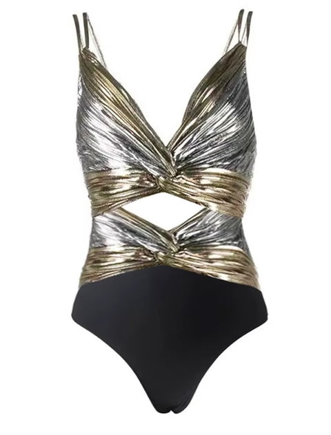 New Glossy One Piece Block Color Cut Out Swimsuit with skirt Swimwear CODE: KAR3532
