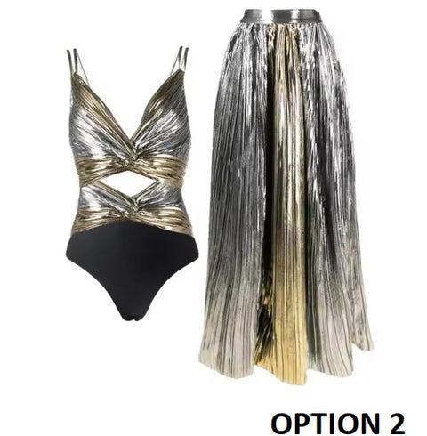 New Glossy One Piece Block Color Cut Out Swimsuit with skirt Swimwear CODE: KAR3532