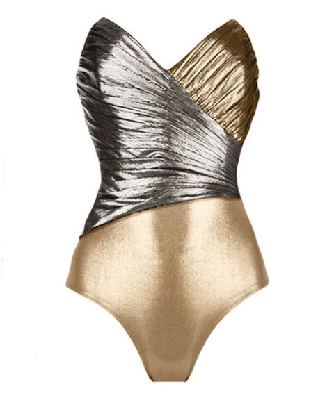 New Glossy One Piece Block Color Cut Out Swimsuit with skirt Swimwear CODE: KAR3532