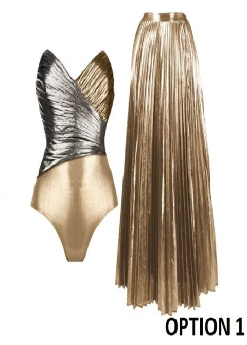 New Glossy One Piece Block Color Cut Out Swimsuit with skirt Swimwear CODE: KAR3532