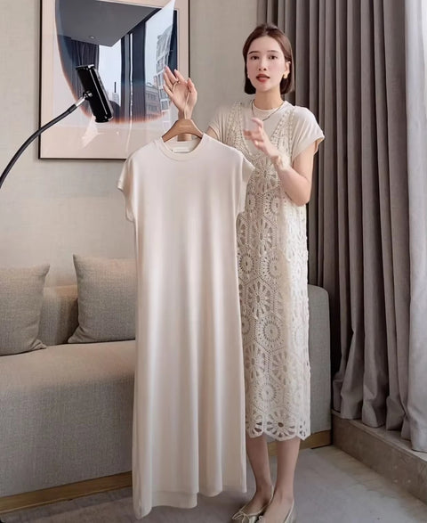 Summer New Fashion Light Luxury Crochet Design Short Sleeve Lace Hollow Breathable Dress CODE: KAR3546