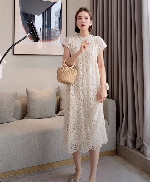 Summer New Fashion Light Luxury Crochet Design Short Sleeve Lace Hollow Breathable Dress CODE: KAR3546