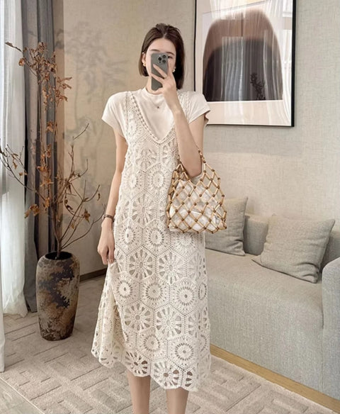 Summer New Fashion Light Luxury Crochet Design Short Sleeve Lace Hollow Breathable Dress CODE: KAR3546