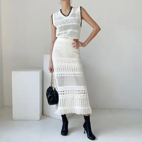New Tassel Weave Fashion Design Hollow Elegant Spring And Summer Hip Skirt Two-piece Set CODE: KAR3547