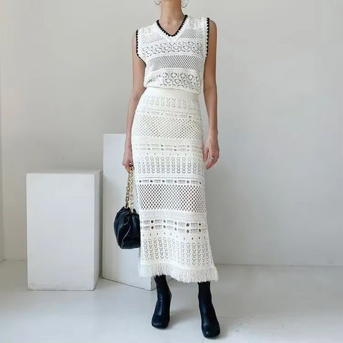 New Tassel Weave Fashion Design Hollow Elegant Spring And Summer Hip Skirt Two-piece Set CODE: KAR3547