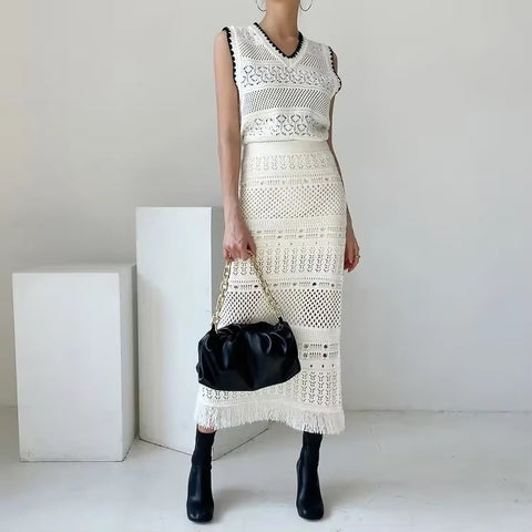 New Tassel Weave Fashion Design Hollow Elegant Spring And Summer Hip Skirt Two-piece Set CODE: KAR3547