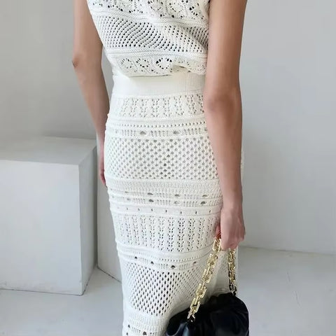 New Tassel Weave Fashion Design Hollow Elegant Spring And Summer Hip Skirt Two-piece Set CODE: KAR3547