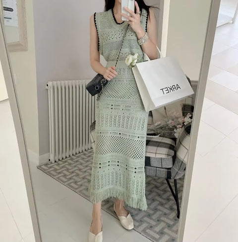 New Tassel Weave Fashion Design Hollow Elegant Spring And Summer Hip Skirt Two-piece Set CODE: KAR3547