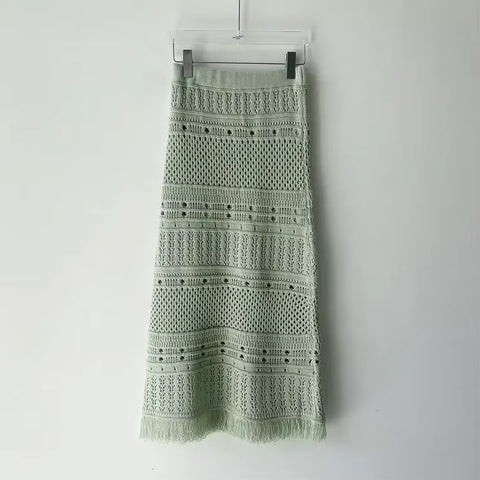 New Tassel Weave Fashion Design Hollow Elegant Spring And Summer Hip Skirt Two-piece Set CODE: KAR3547